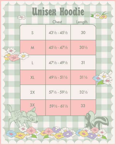 Bambi and Flower Spring Time Hoodie Size Chart View\