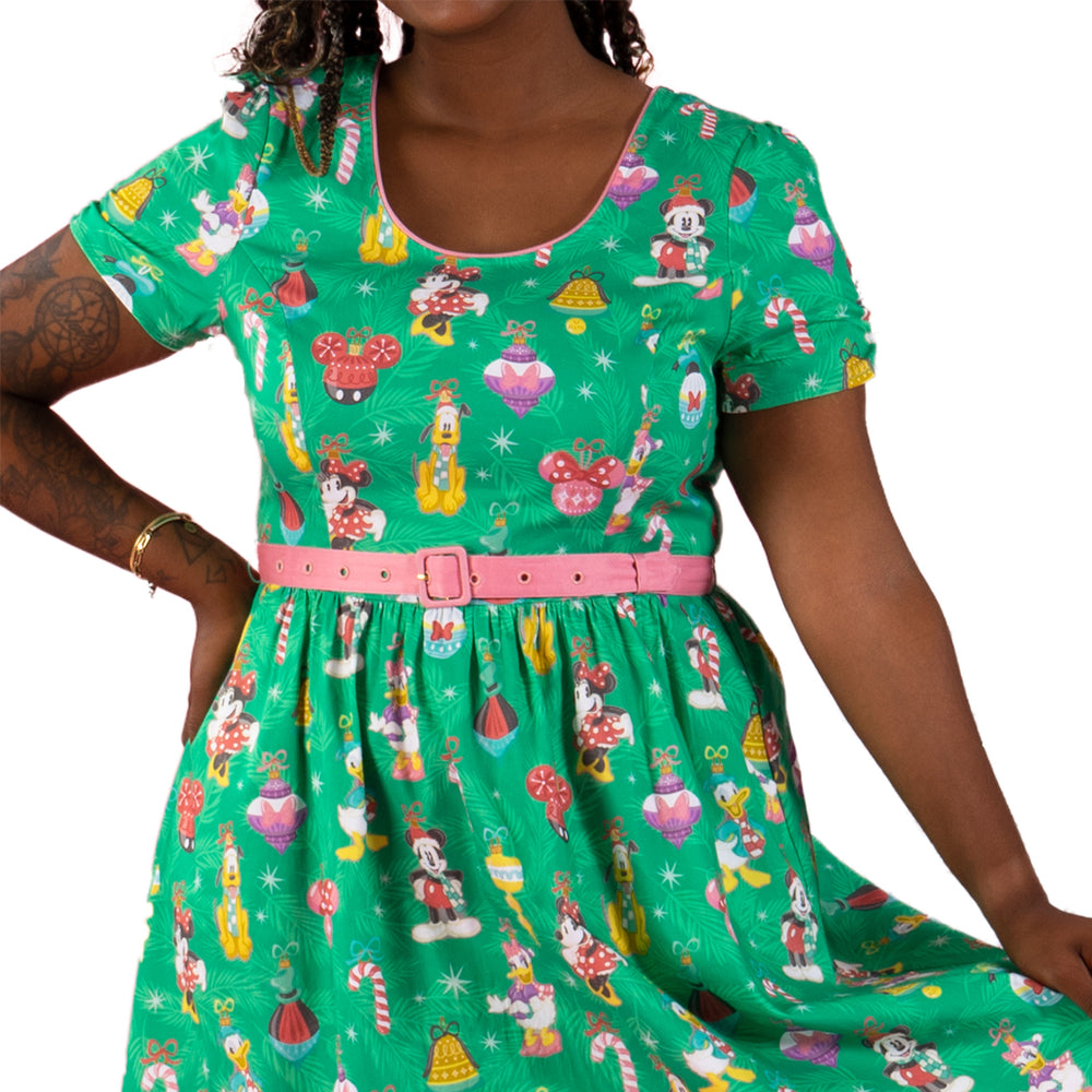 Disney Stitch Shoppe Holiday "Laci" Dress Closeup Front Model View-zoom