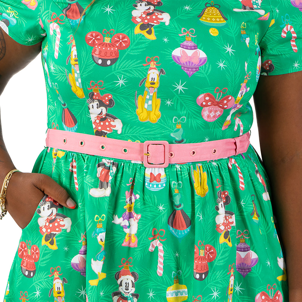 Disney Stitch Shoppe Holiday "Laci" Dress Closeup Front Model View-zoom