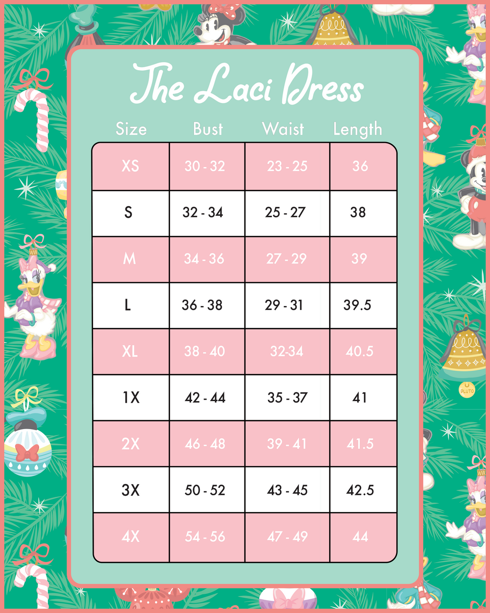 Disney Stitch Shoppe Holiday "Laci" Dress Lifestyle View Size Chart-zoom