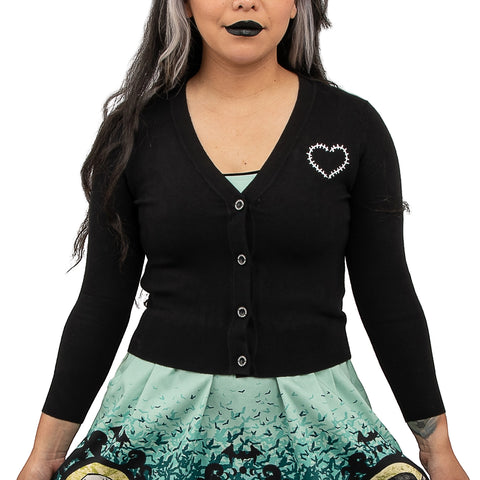 Universal Monsters Stitch Shoppe "Alexis" Cropped Cardigan Sweater Front Closeup View on Model