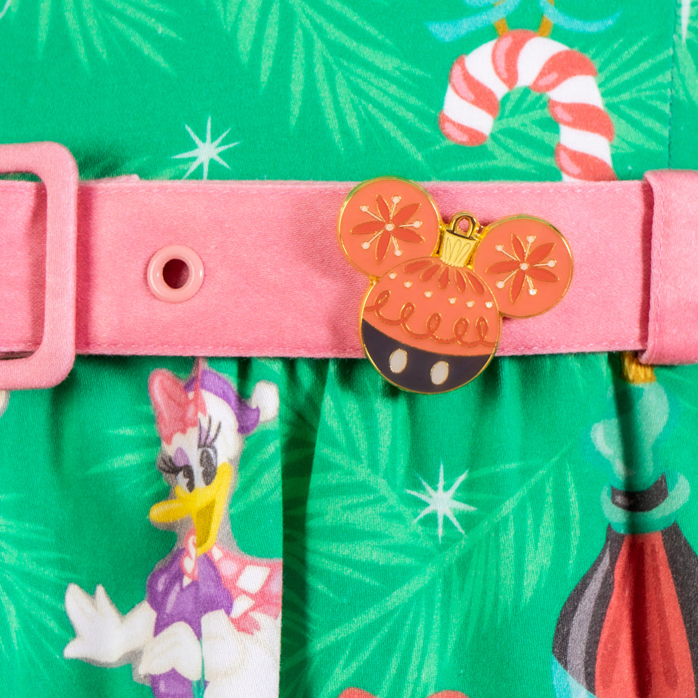Disney Stitch Shoppe Holiday "Laci" Dress Closeup Belt and Pin View-zoom