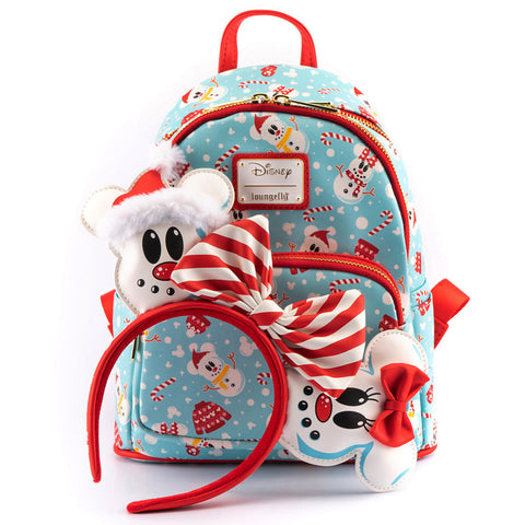 Disney Snowman Mickey and Minnie Mouse Mini Backpack with Ears Headband Front View