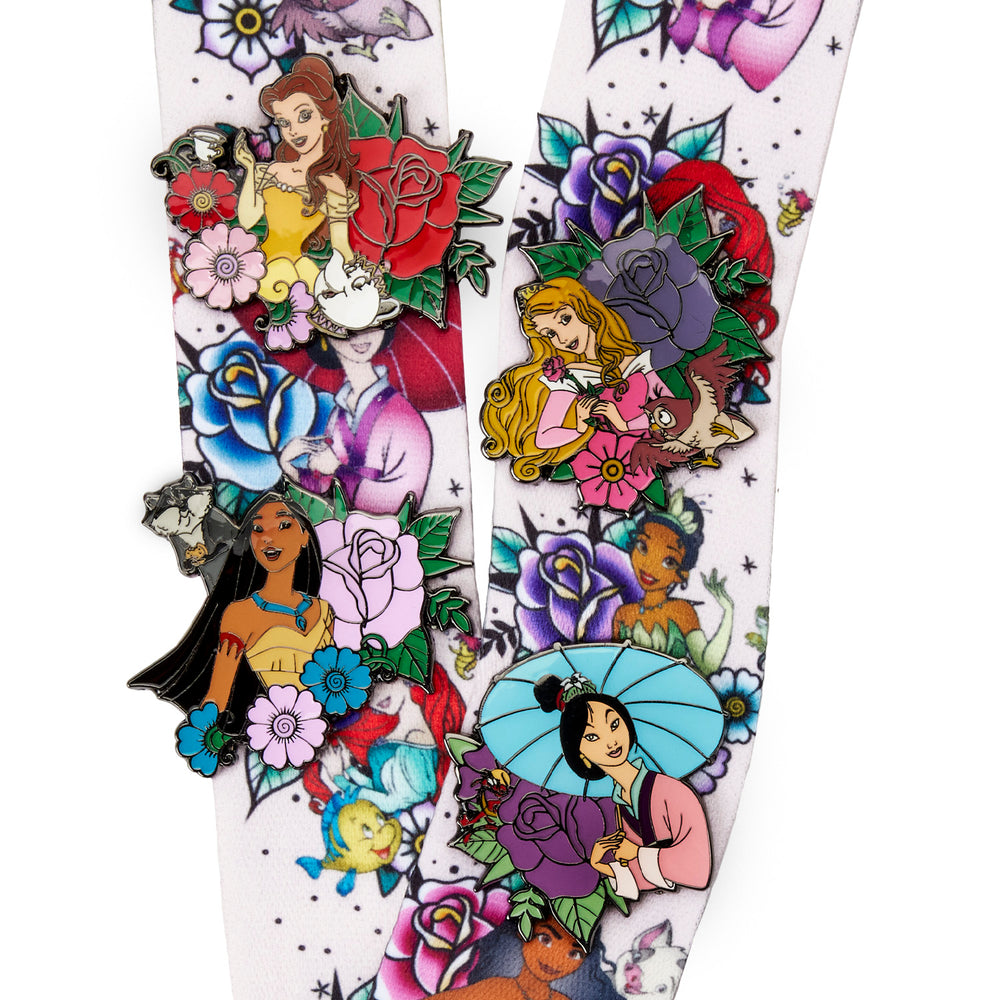 Disney Princess Floral Tattoo Lanyard with Cardholder & 4 Pins Closeup Pin View-zoom