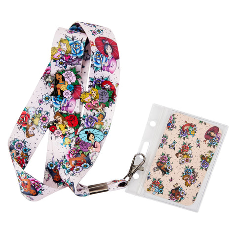 Disney Princess Floral Tattoo Lanyard with Cardholder & 4 Pins Front View