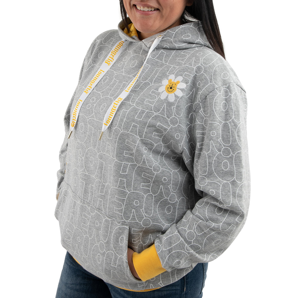Loungefly Disney Winnie the Pooh Oh Bother Print Hoodie Front Closeup Model View-zoom