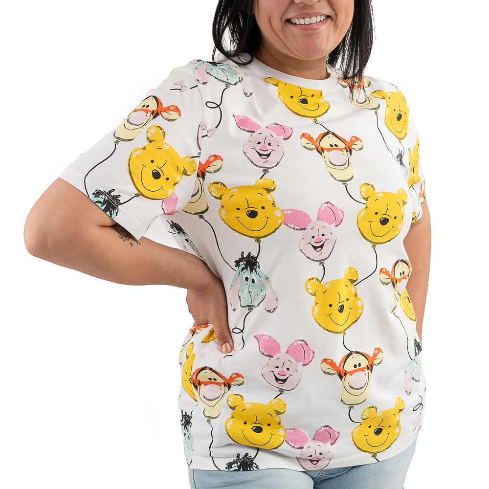 Loungefly Disney Winnie the Pooh & Friends Balloons Print Tee Closeup Model Front View-zoom
