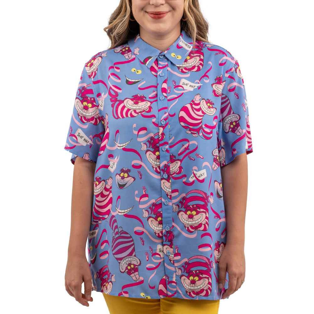 Loungefly Disney Alice in Wonderland Cheshire Cat Camp Shirt Closeup Front Model View-zoom