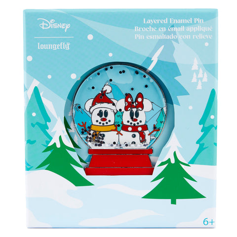 Disney Snowman Mickey and Minnie Mouse Snow Globe Layered Enamel Pin Front View in Box