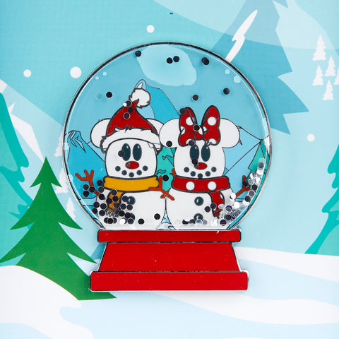 Disney Snowman Mickey and Minnie Mouse Snow Globe Layered Enamel Pin Closeup View