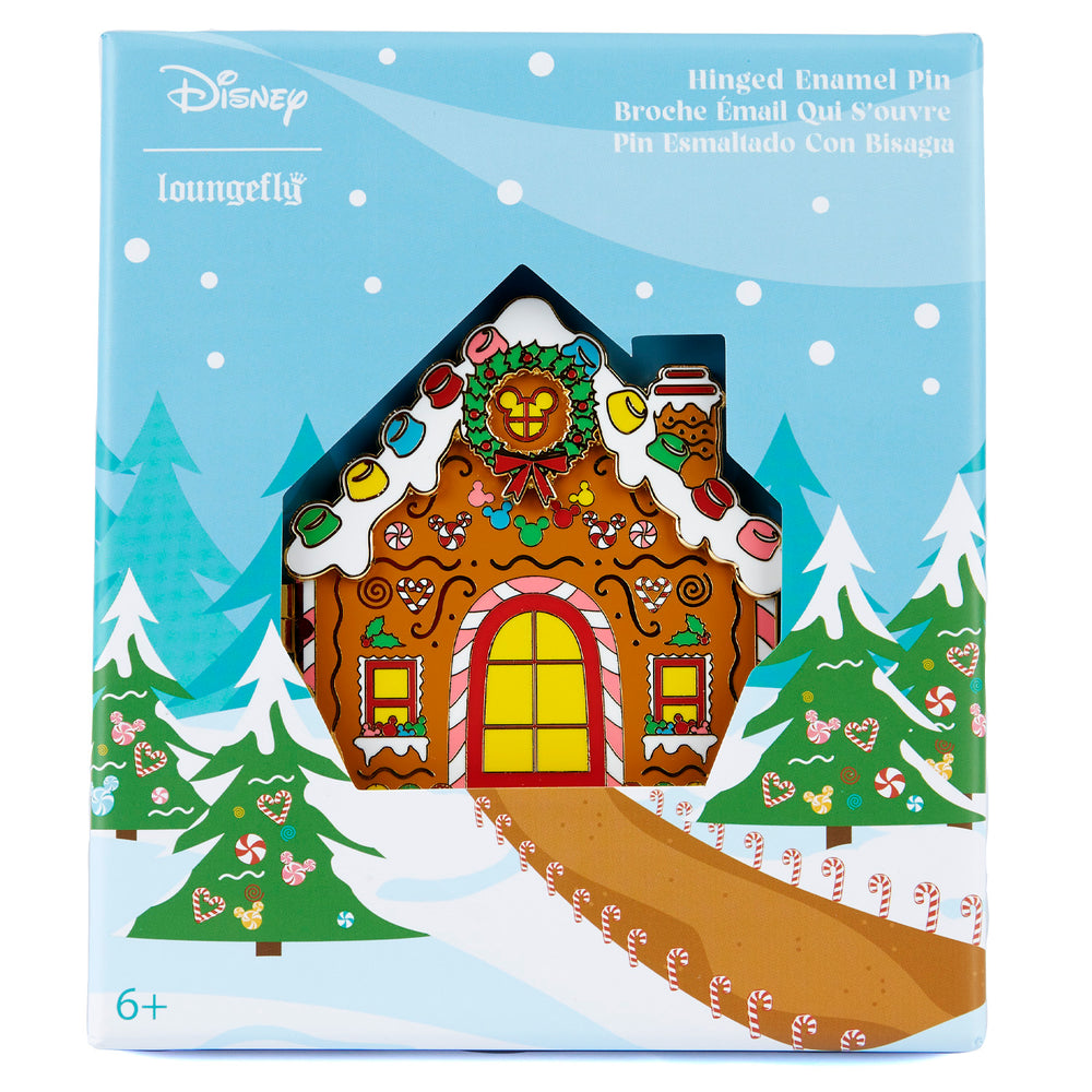 Disney Gingerbread House Mickey and Minnie Mouse Hinged Enamel Pin Front View in Box-zoom