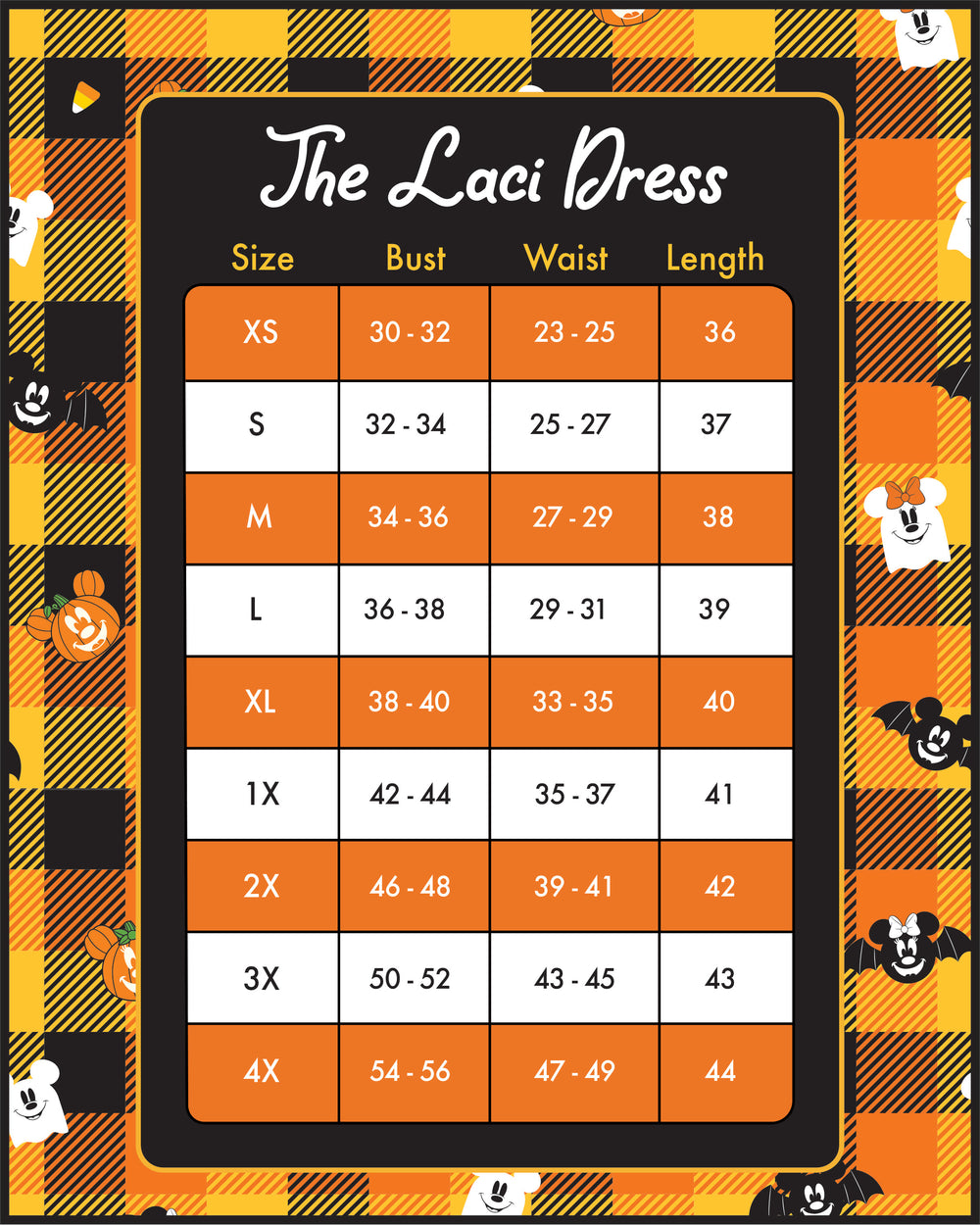 Disney Stitch Shoppe Spooky Minnie Mouse "Laci" Dress Size Chart View-zoom