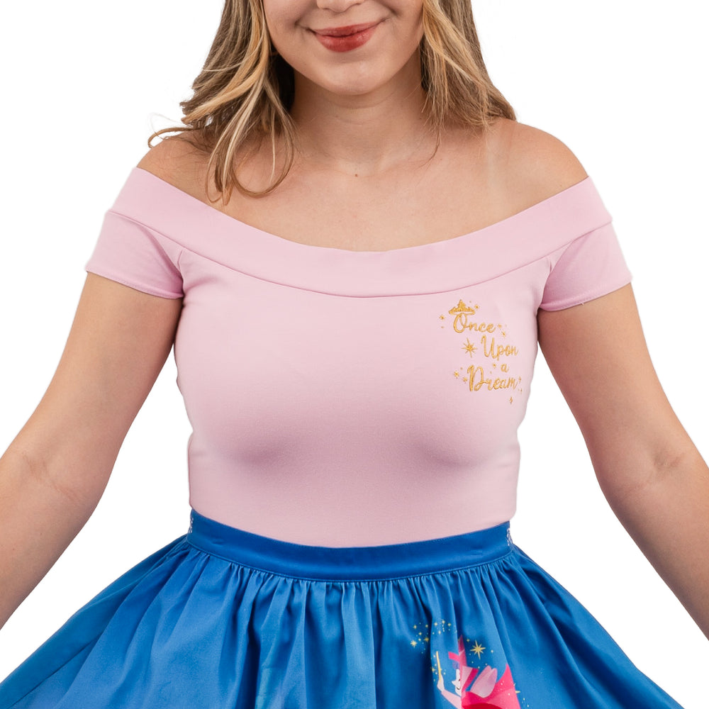 Disney Stitch Shoppe Sleeping Beauty Embroidered "Dizzy" Fashion Top Front Model Closeup View-zoom