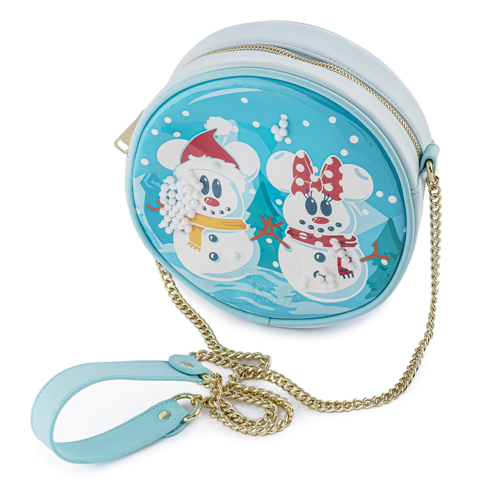 Disney Snowman Mickey and Minnie Mouse Snow Globe Crossbody Bag Side View with Bag Strap-zoom